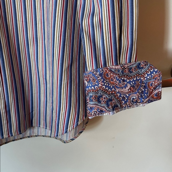 BUGATCHI UOMO | Multicolor Striped Button Down Dress Shirt Collar Sleeve Accents - Picture 7 of 16